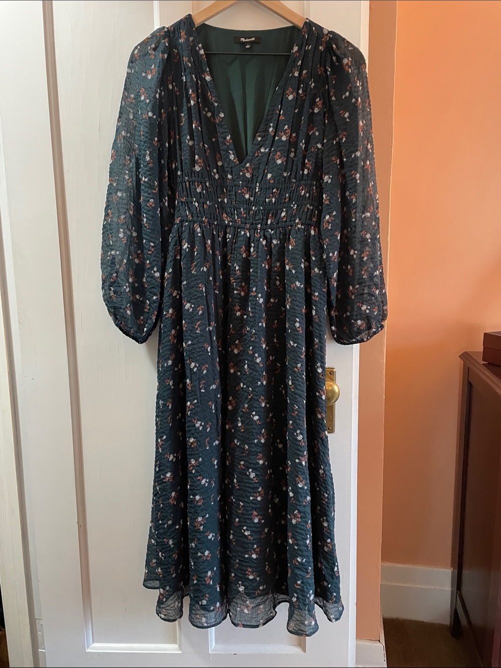 Madewell Dark Teal Floral V-Neck Midi Dress